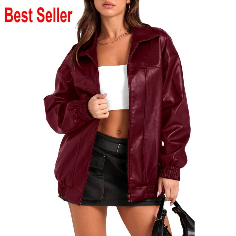 Oversized Faux Leather Motorcycle Bomber Jacket for Women